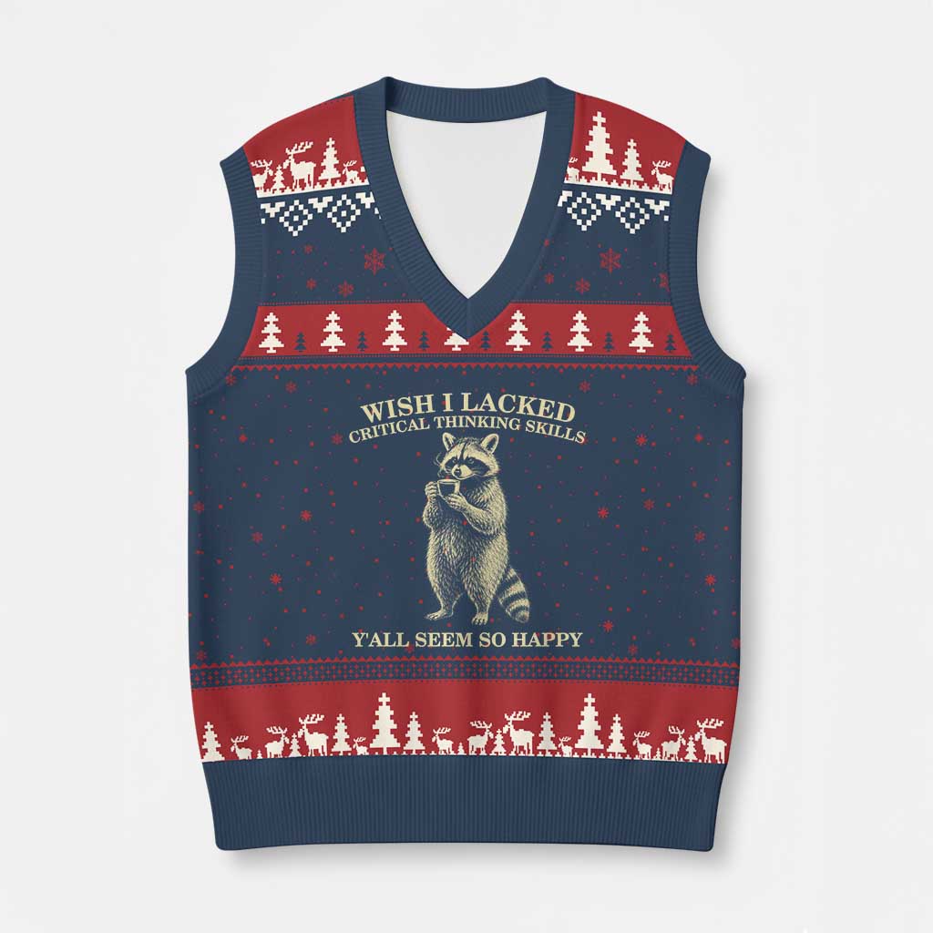 Funny Raccoon Coffee Drinker V-Neck Knit Sweater Vest Wish I Lacked Critical Thinking Skills TS12 Navy Red Print Your Wear