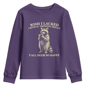 Funny Raccoon Coffee Drinker Youth Sweatshirt Wish I Lacked Critical Thinking Skills