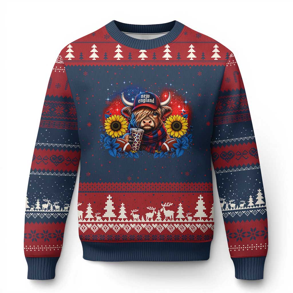 Cute Highland Cow Game Day Ugly Christmas Sweater New England Sports Fan Gift TS12 Navy Red Print Your Wear