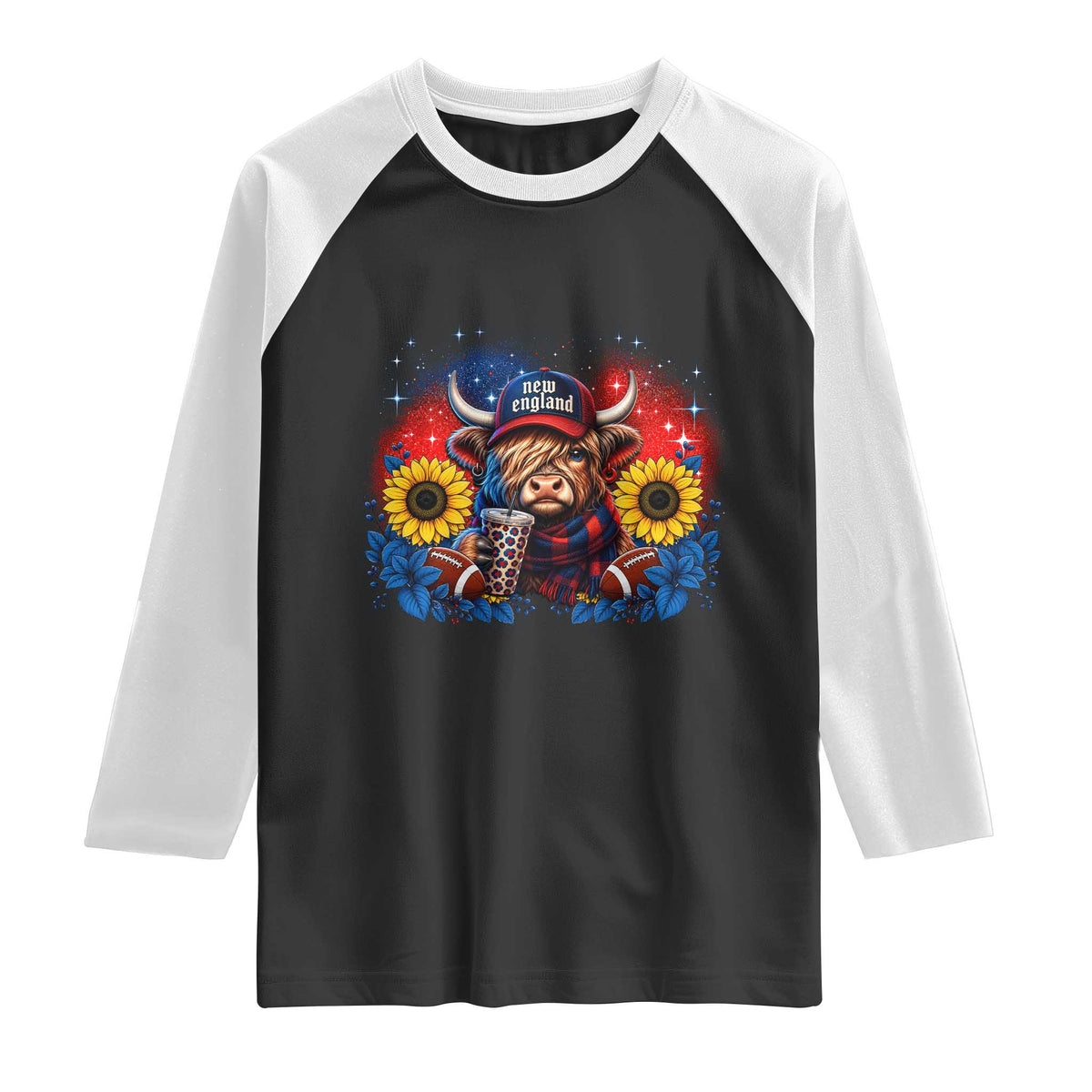 Cute Highland Cow Game Day Raglan Shirt New England Sports Fan Gift TS12 Black White Print Your Wear