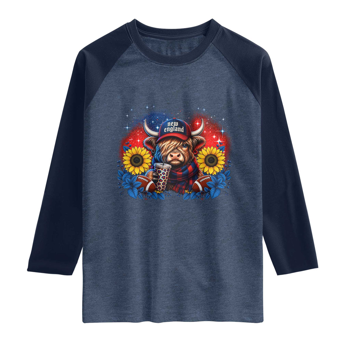 Cute Highland Cow Game Day Raglan Shirt New England Sports Fan Gift TS12 Heather Denim Navy Print Your Wear