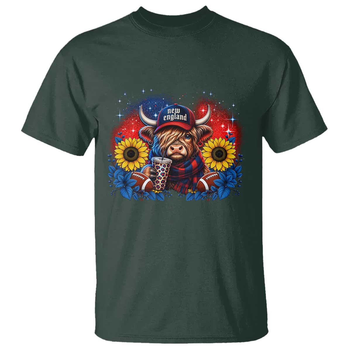 Cute Highland Cow Game Day T Shirt New England Sports Fan Gift TS12 Dark Forest Green Print Your Wear