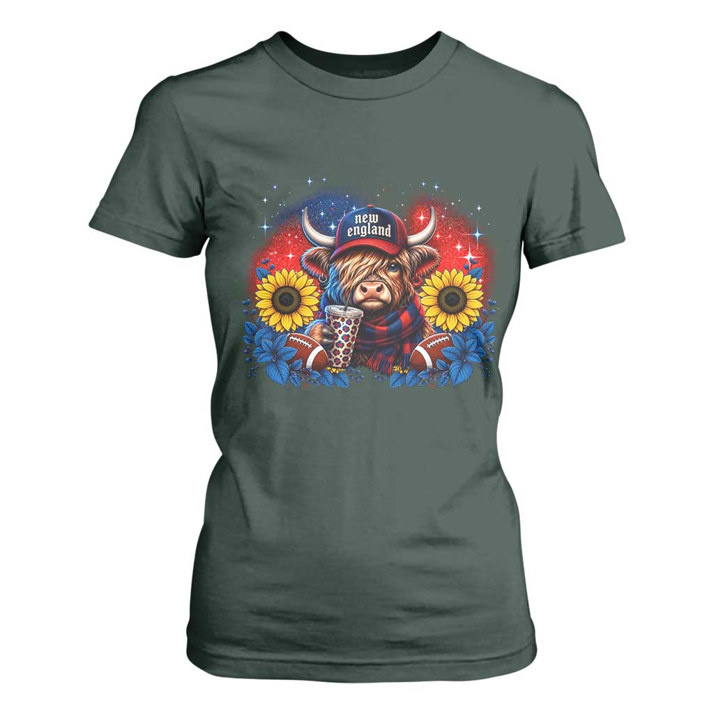 Cute Highland Cow Game Day T Shirt For Women New England Sports Fan Gift TS12 Dark Forest Green Print Your Wear