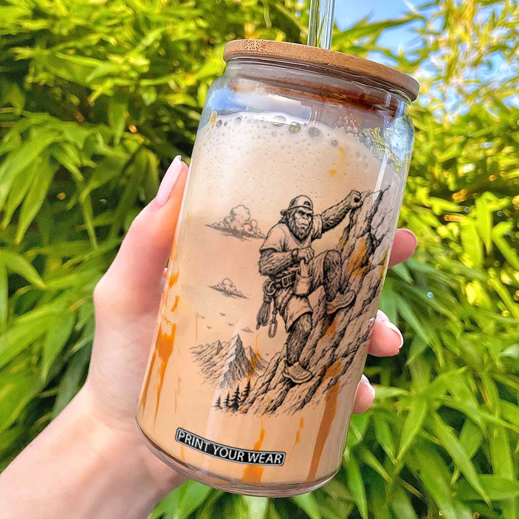 Funny Bigfoot Mountain Climber Glass Can Outdoor Hiking Adventure TS12 White Print Your Wear