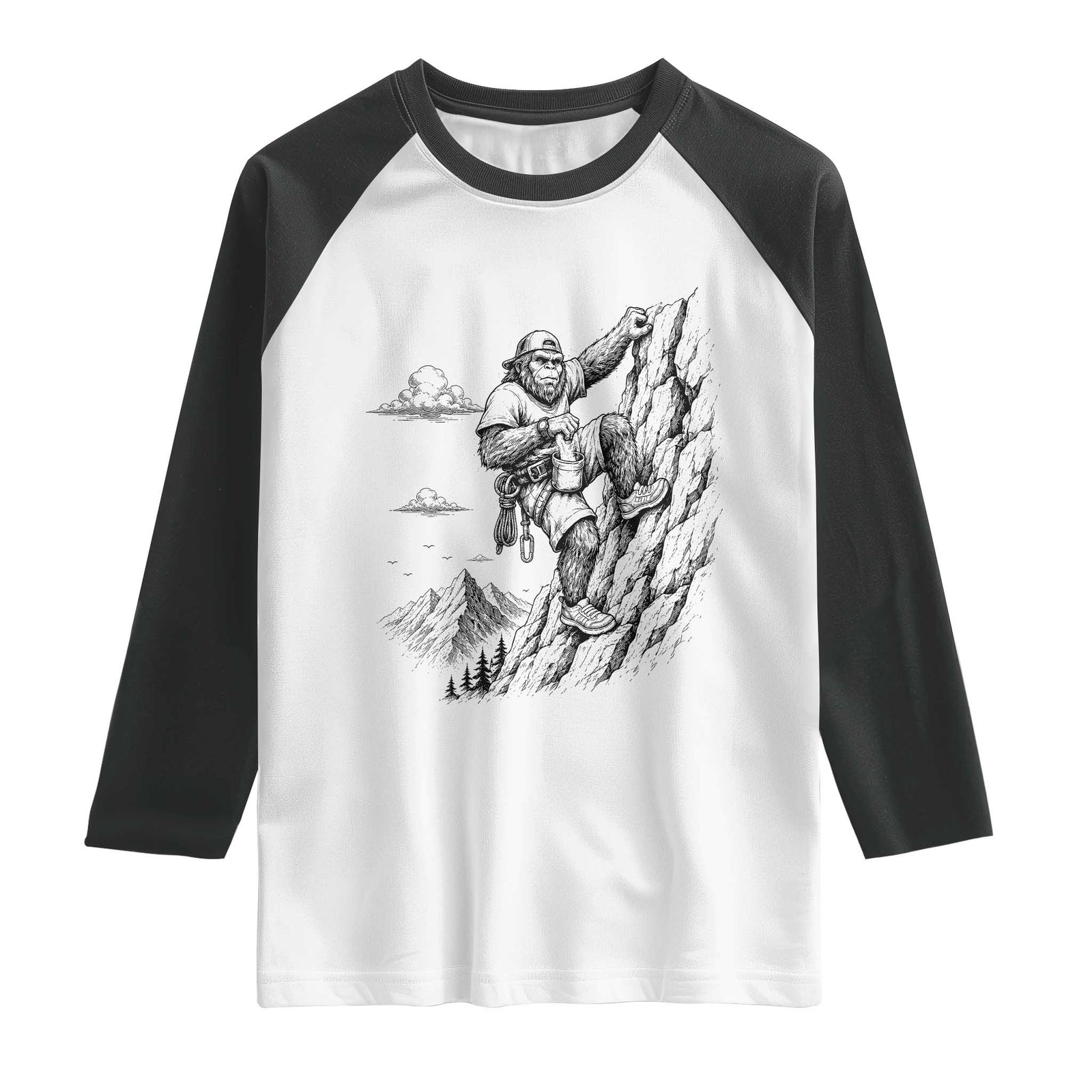 Funny Bigfoot Mountain Climber Raglan Shirt Outdoor Hiking Adventure TS12 White Black Print Your Wear