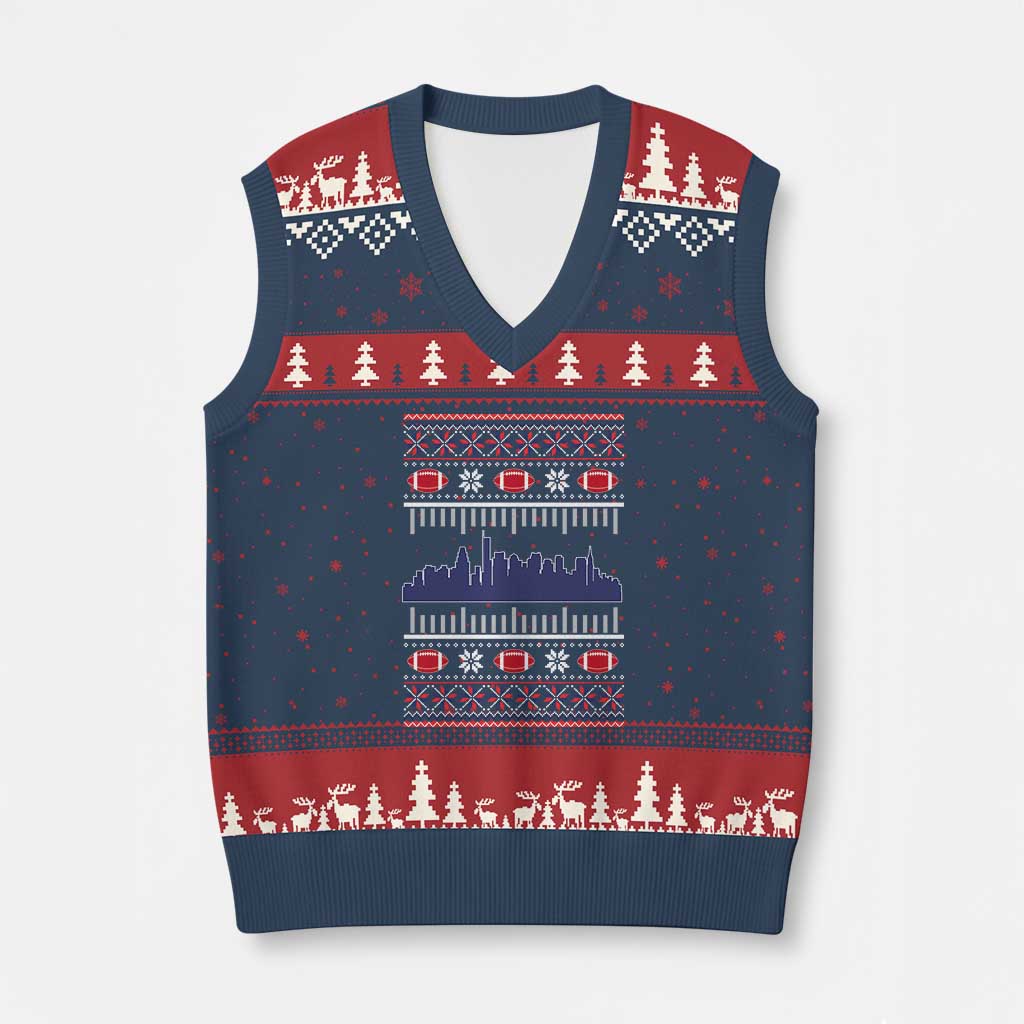 New England Skyline Game Day V-Neck Knit Sweater Vest Ugly Christmas Football Fan Gift TS12 Navy Red Print Your Wear