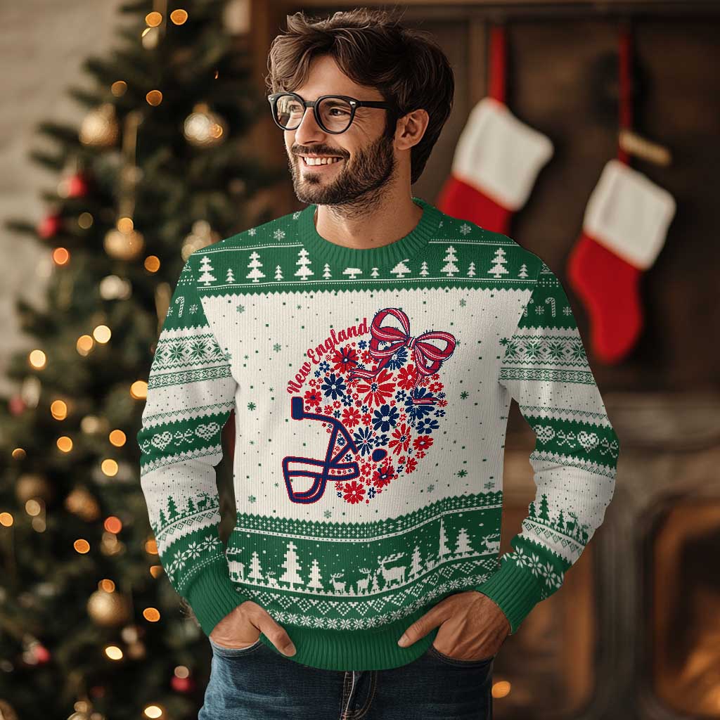 New England Game Day Sports Fan Ugly Christmas Sweater Floral Football Helmet With Bow
