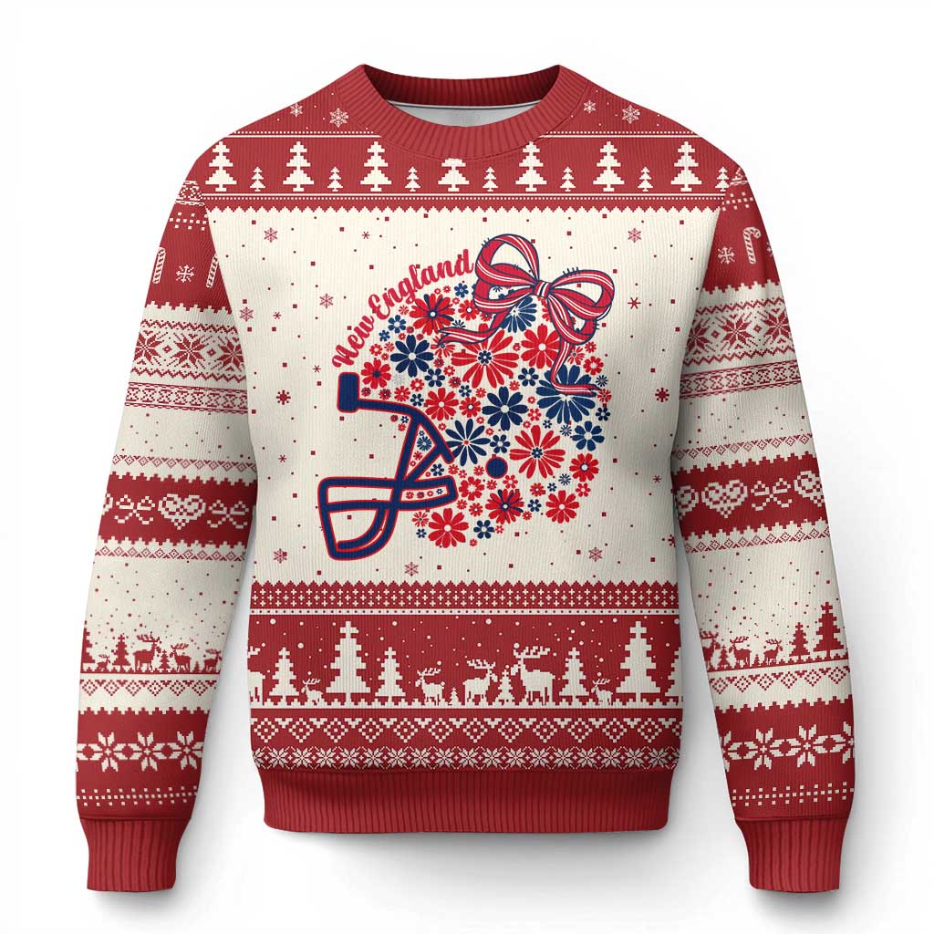 New England Game Day Sports Fan Ugly Christmas Sweater Floral Football Helmet With Bow TS12 Beige Red Print Your Wear