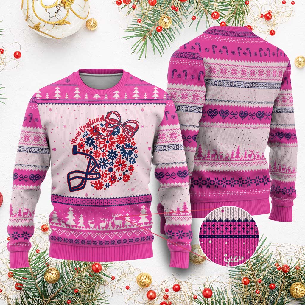 New England Game Day Sports Fan Ugly Christmas Sweater Floral Football Helmet With Bow