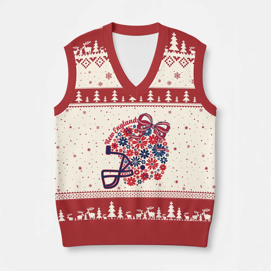 New England Game Day Sports Fan V-Neck Knit Sweater Vest Floral Football Helmet With Bow TS12 Beige Red Print Your Wear