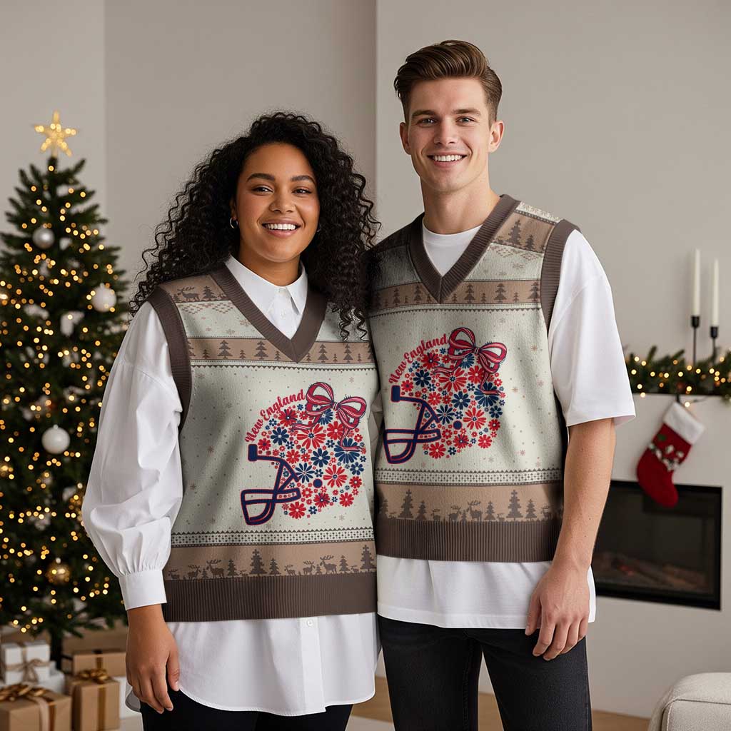 New England Game Day Sports Fan V-Neck Knit Sweater Vest Floral Football Helmet With Bow