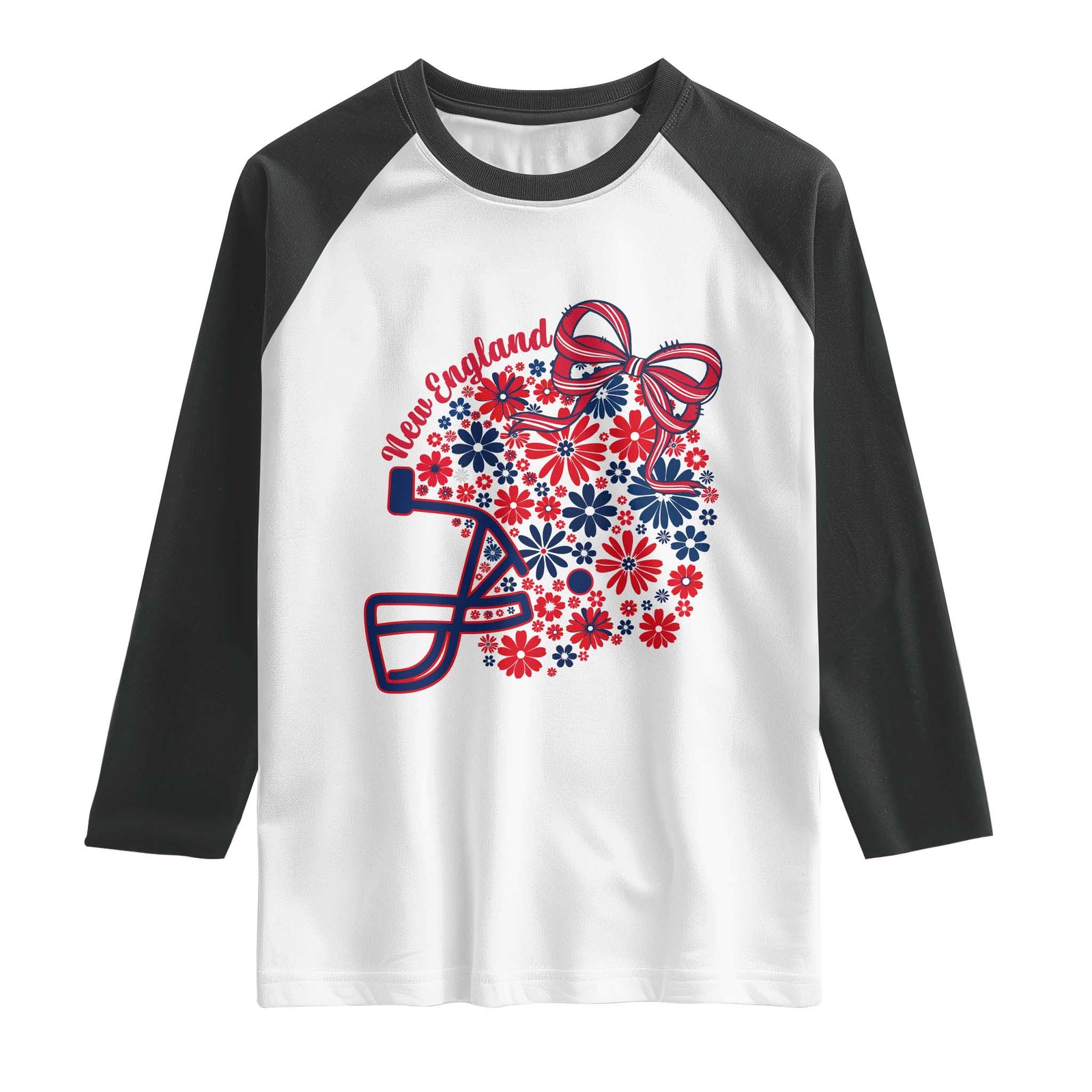 New England Game Day Sports Fan Raglan Shirt Floral Football Helmet With Bow TS12 White Black Print Your Wear