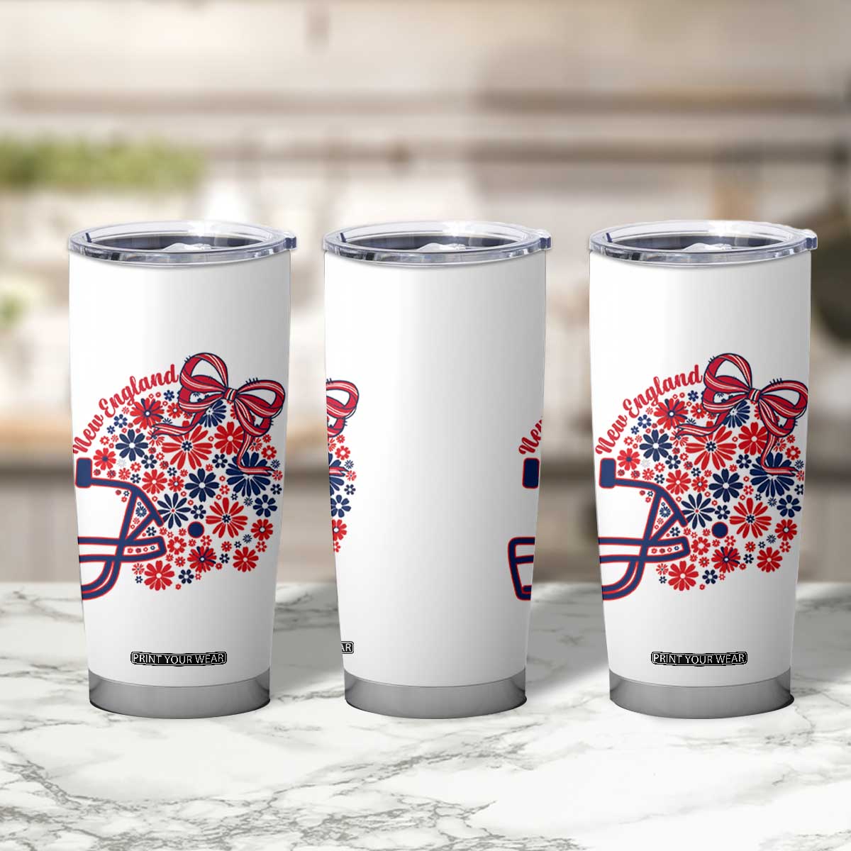 New England Game Day Sports Fan Tumbler Cup Floral Football Helmet With Bow