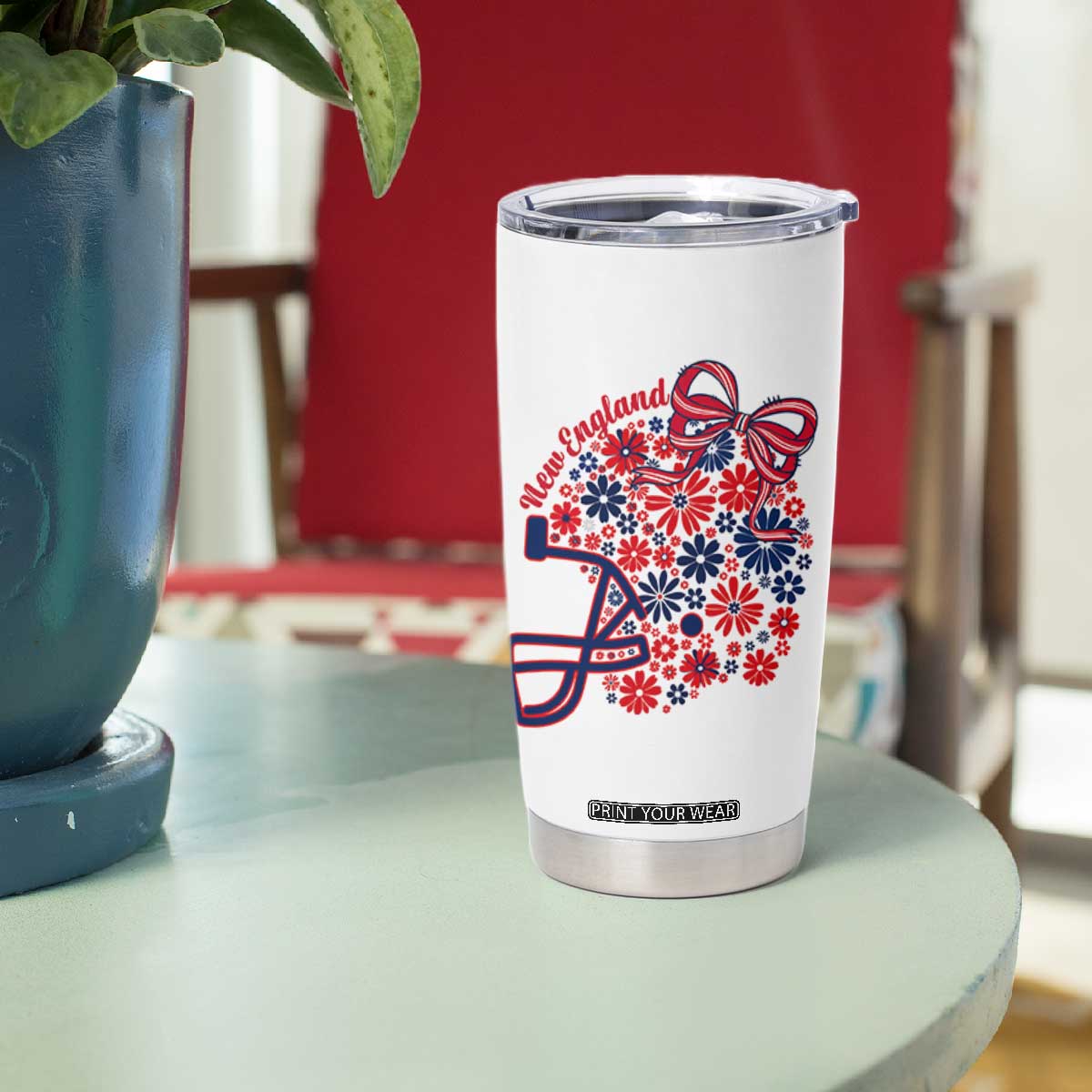 New England Game Day Sports Fan Tumbler Cup Floral Football Helmet With Bow