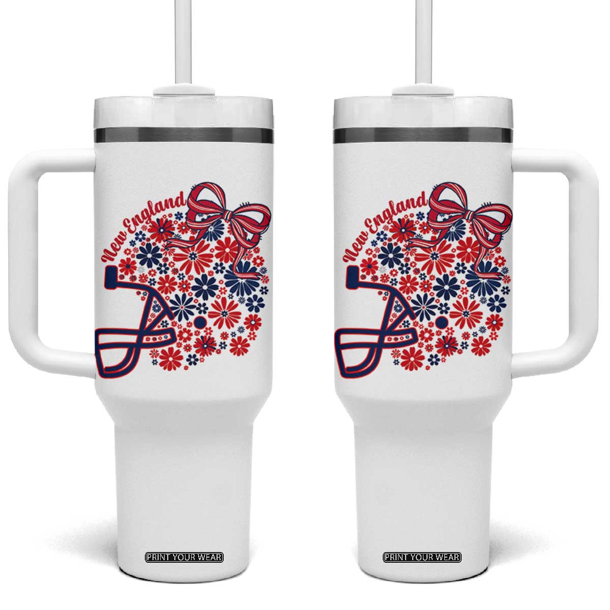 New England Game Day Sports Fan Tumbler With Handle Floral Football Helmet With Bow TS12 One Size: 40 oz White Print Your Wear