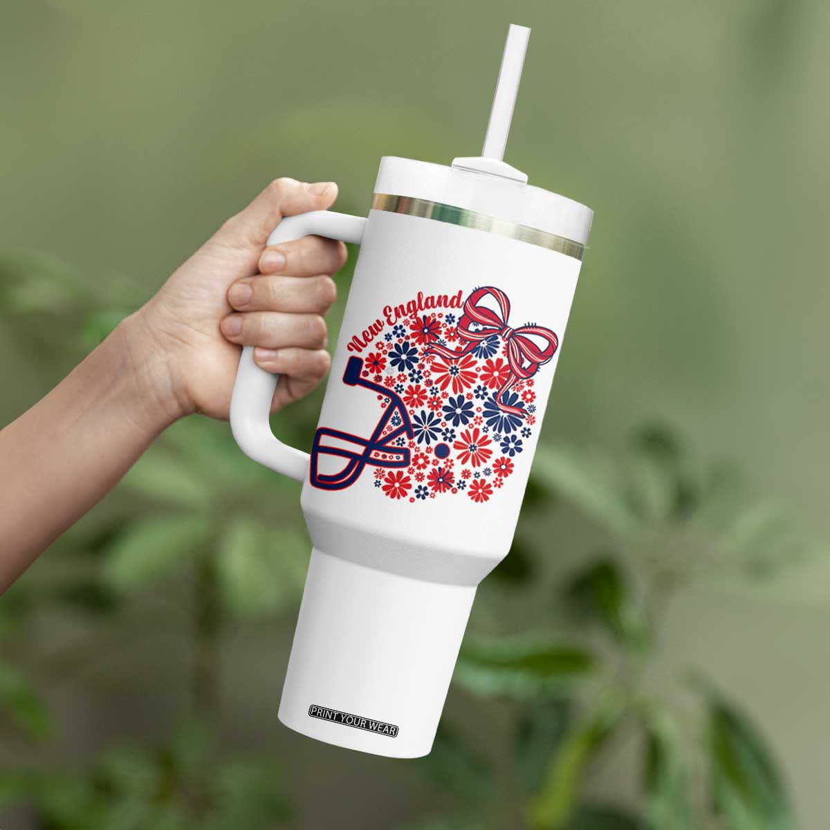 New England Game Day Sports Fan Tumbler With Handle Floral Football Helmet With Bow