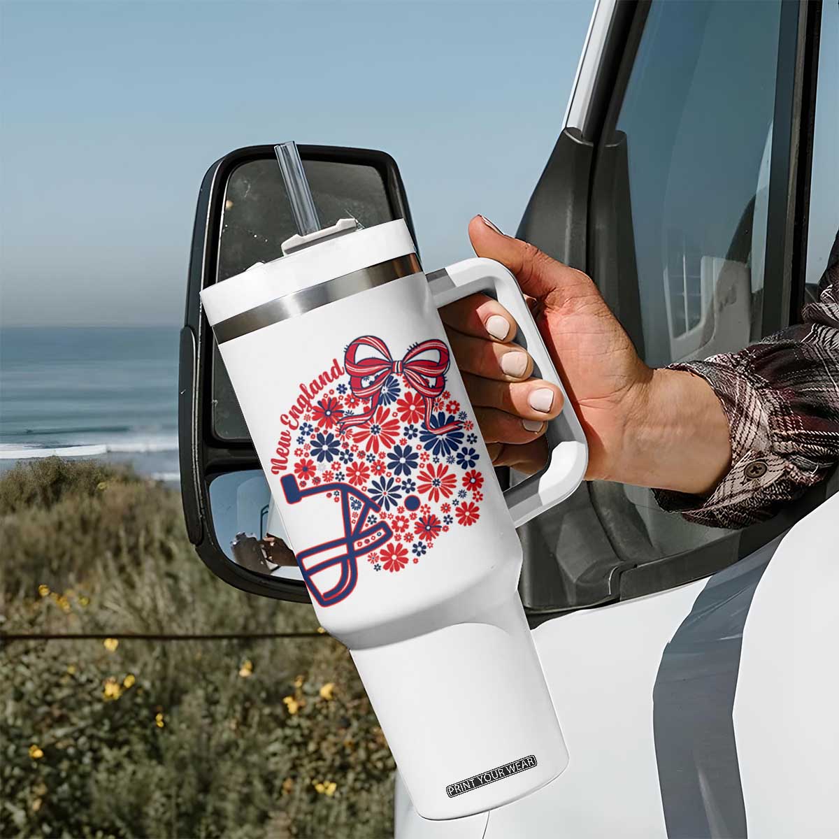 New England Game Day Sports Fan Tumbler With Handle Floral Football Helmet With Bow