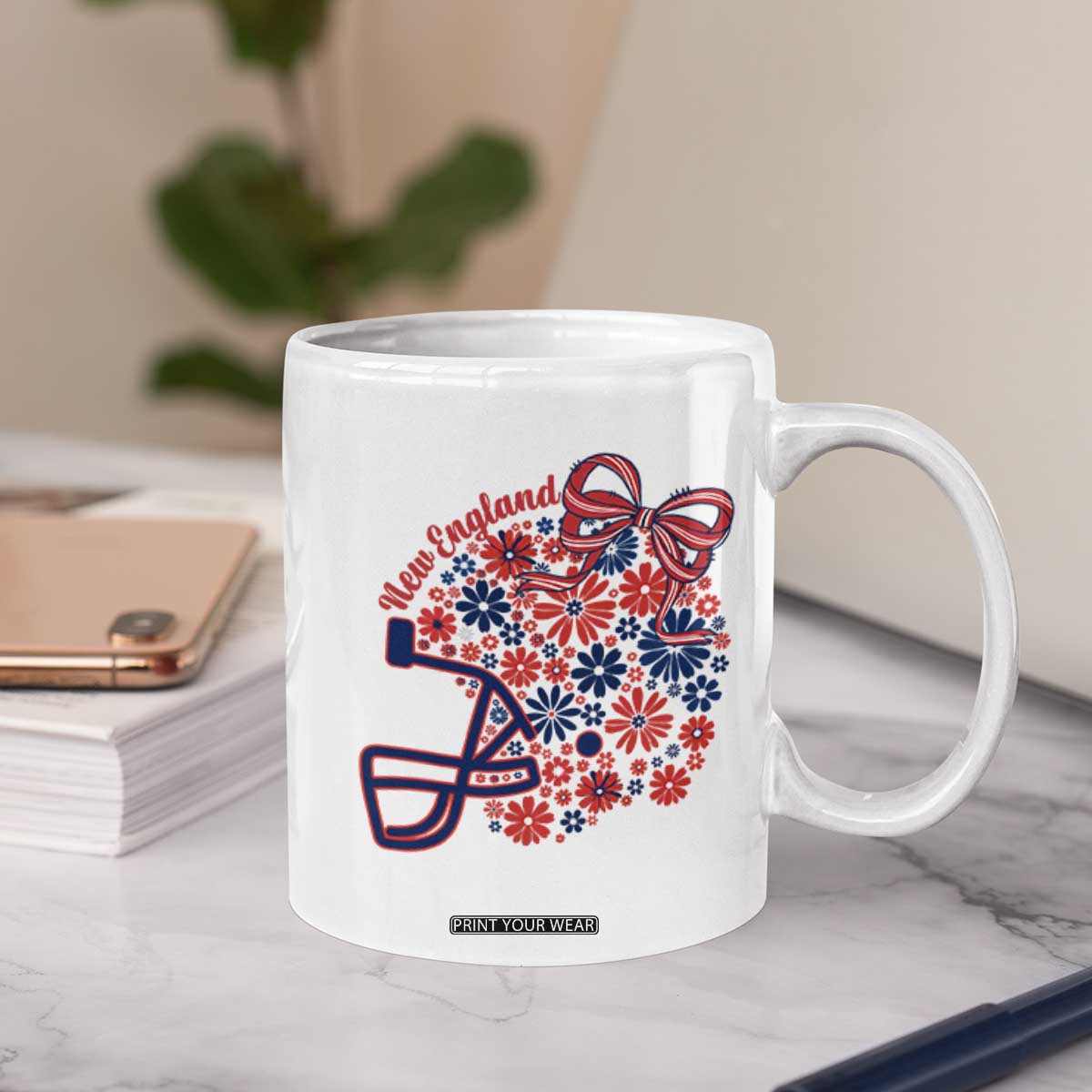 New England Game Day Sports Fan Coffee Mug Floral Football Helmet With Bow