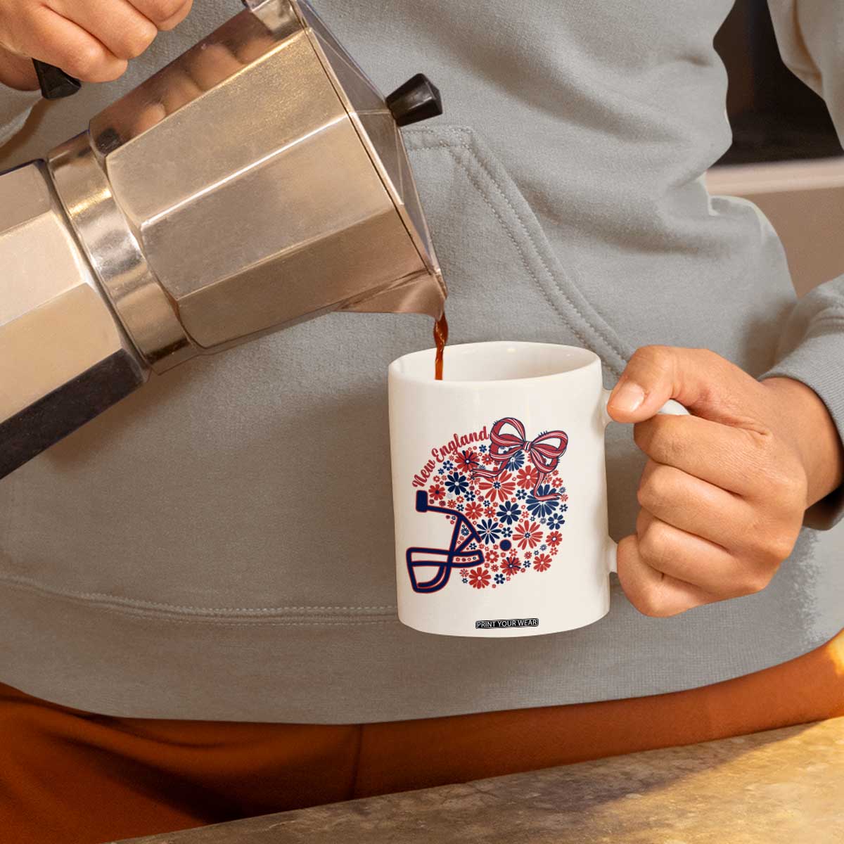 New England Game Day Sports Fan Coffee Mug Floral Football Helmet With Bow
