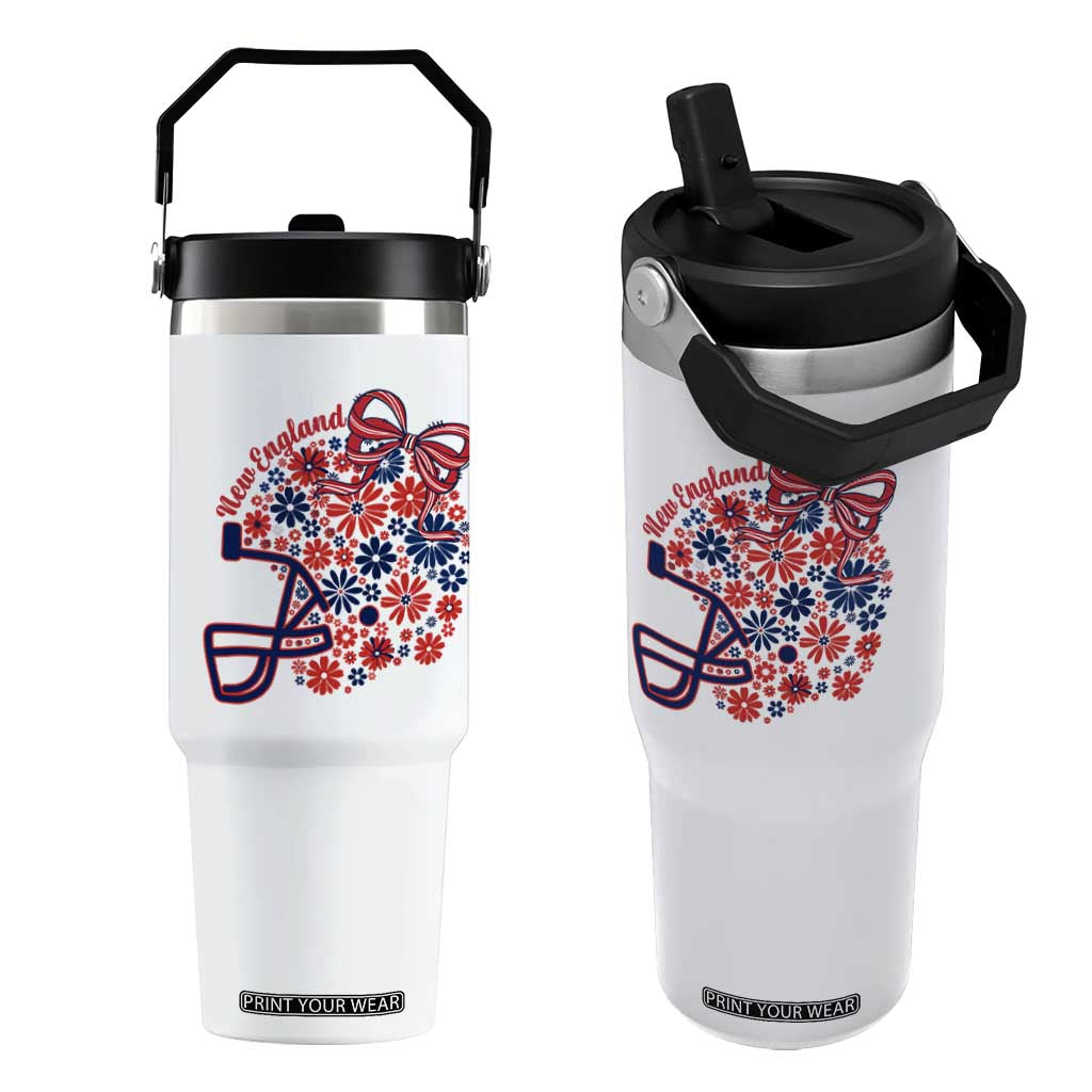 New England Game Day Sports Fan Flip Straw Tumbler Floral Football Helmet With Bow TS12 One Size: 30 oz White Print Your Wear