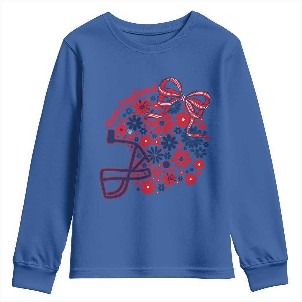 New England Game Day Sports Fan Youth Sweatshirt Floral Football Helmet With Bow TS12 Royal Blue Print Your Wear