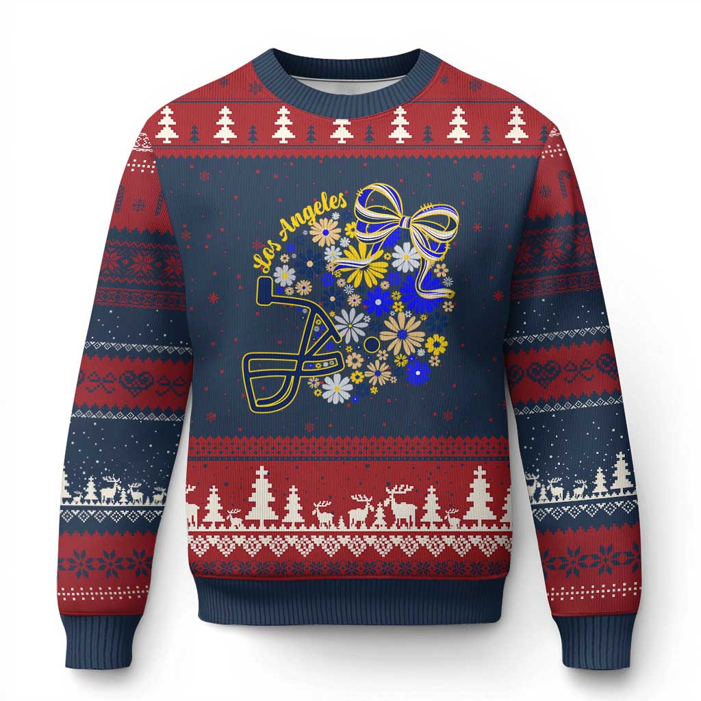 Los Angeles Game Day Sports Fan Ugly Christmas Sweater Floral Football Helmet With Bow TS12 Navy Red Print Your Wear