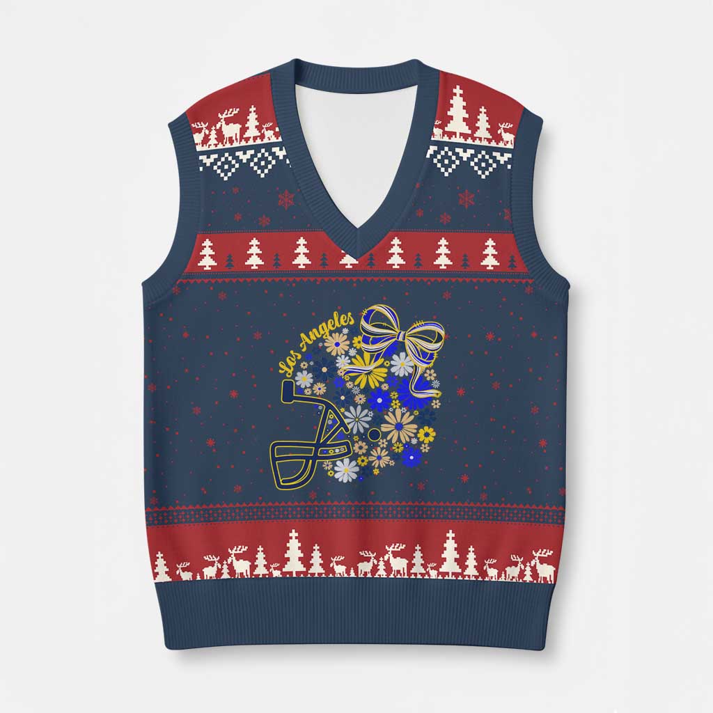 Los Angeles Game Day Sports Fan V-Neck Knit Sweater Vest Floral Football Helmet With Bow TS12 Navy Red Print Your Wear