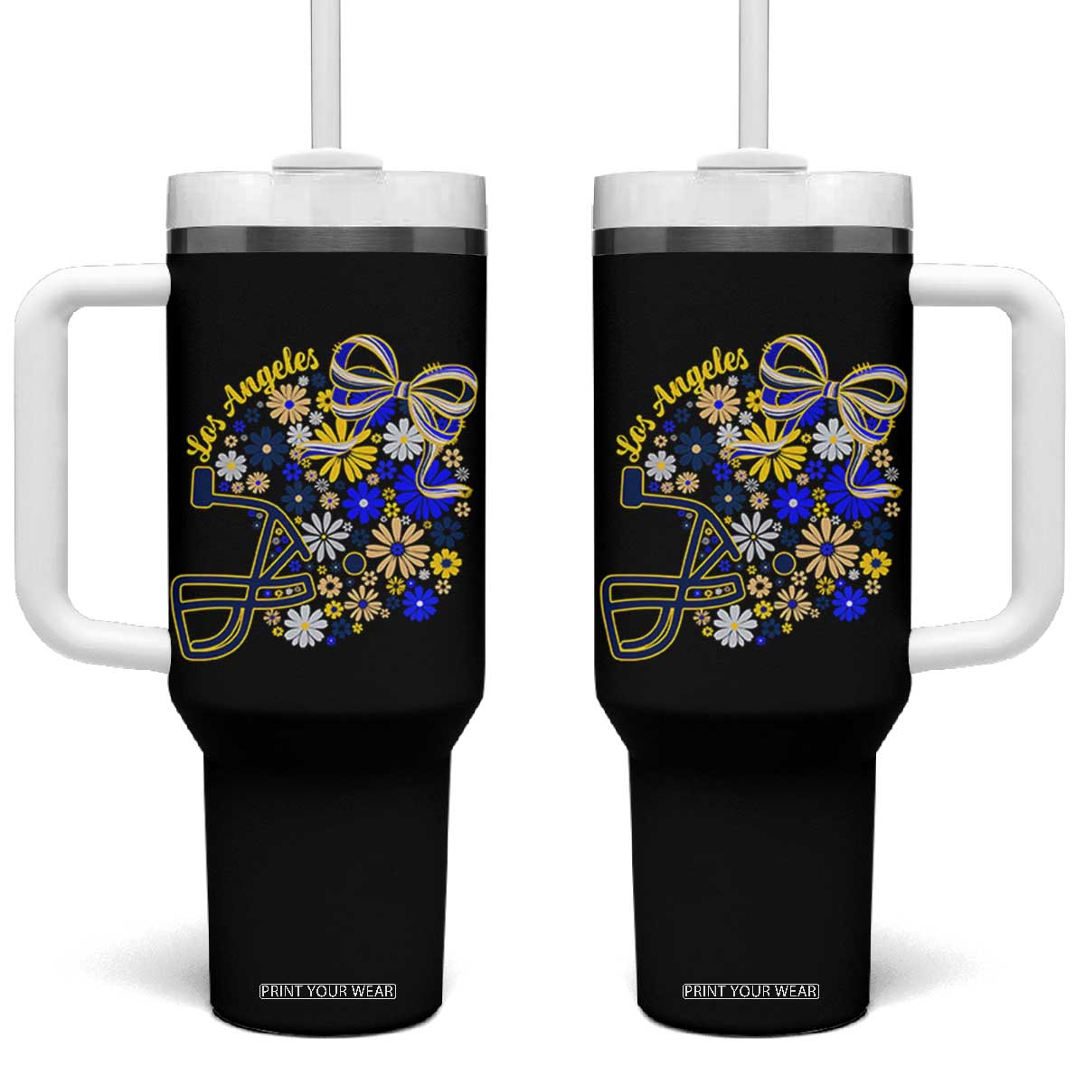Los Angeles Game Day Sports Fan Tumbler With Handle Floral Football Helmet With Bow TS12 One Size: 40 oz Black Print Your Wear