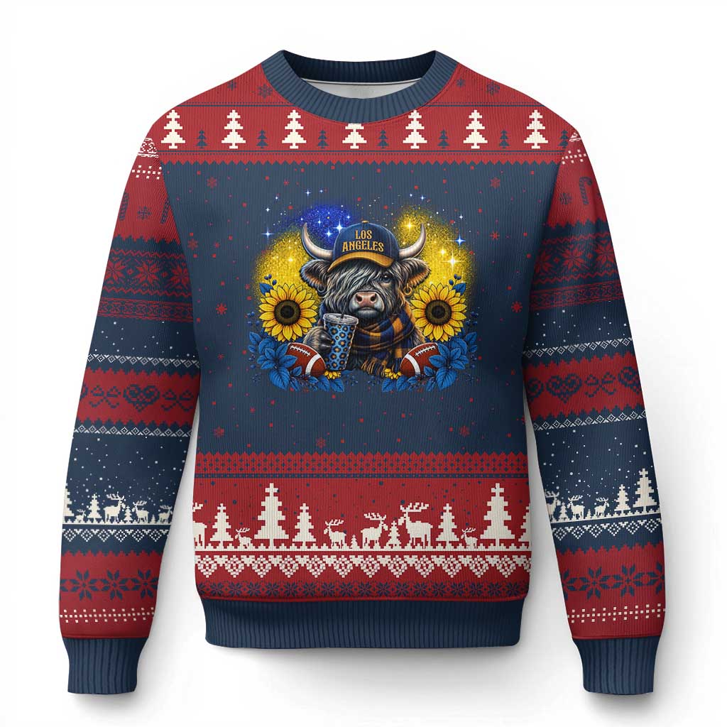 Cute Highland Cow Game Day Ugly Christmas Sweater Los Angeles Sports Fan TS12 Navy Red Print Your Wear