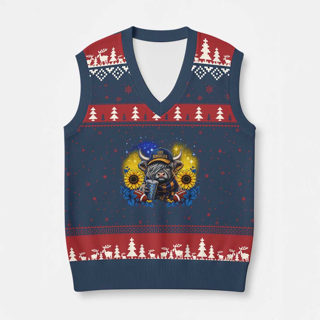Cute Highland Cow Game Day V-Neck Knit Sweater Vest Los Angeles Sports Fan TS12 Navy Red Print Your Wear