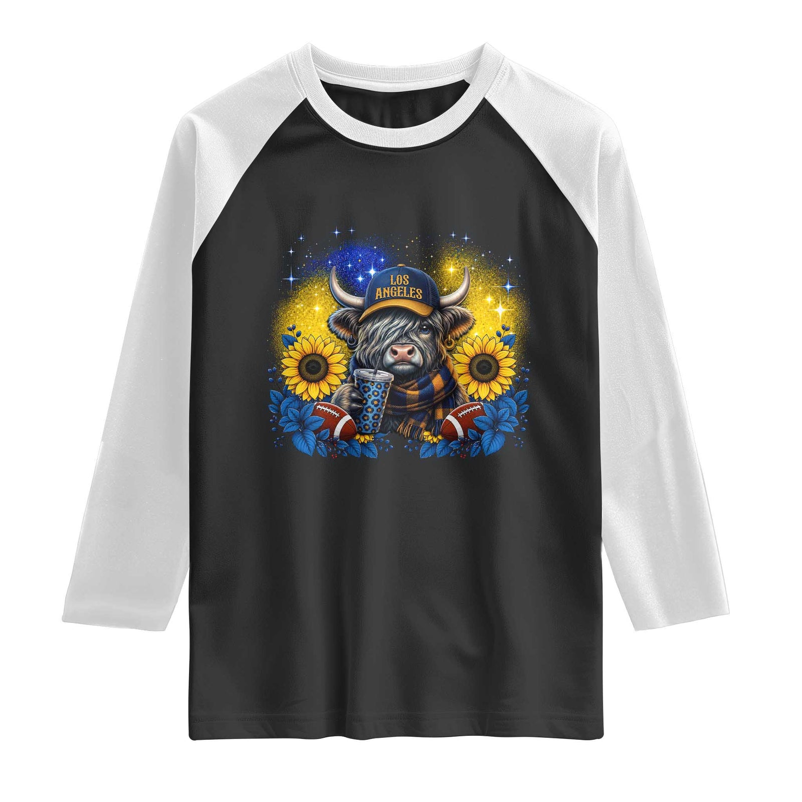 Cute Highland Cow Game Day Raglan Shirt Los Angeles Sports Fan TS12 Black White Print Your Wear