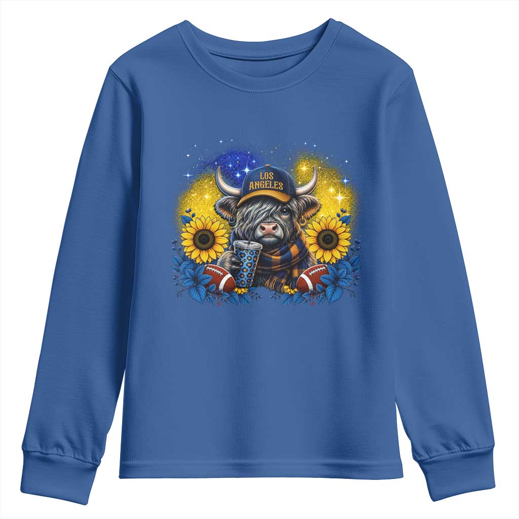 Cute Highland Cow Game Day Youth Sweatshirt Los Angeles Sports Fan TS12 Royal Blue Print Your Wear