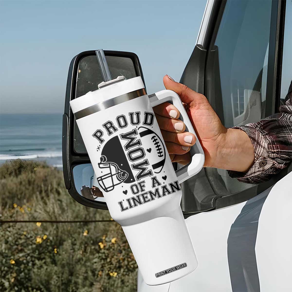 Proud Mom Of A Lineman Tumbler With Handle Football Fan Gift For Women TS12 Print Your Wear