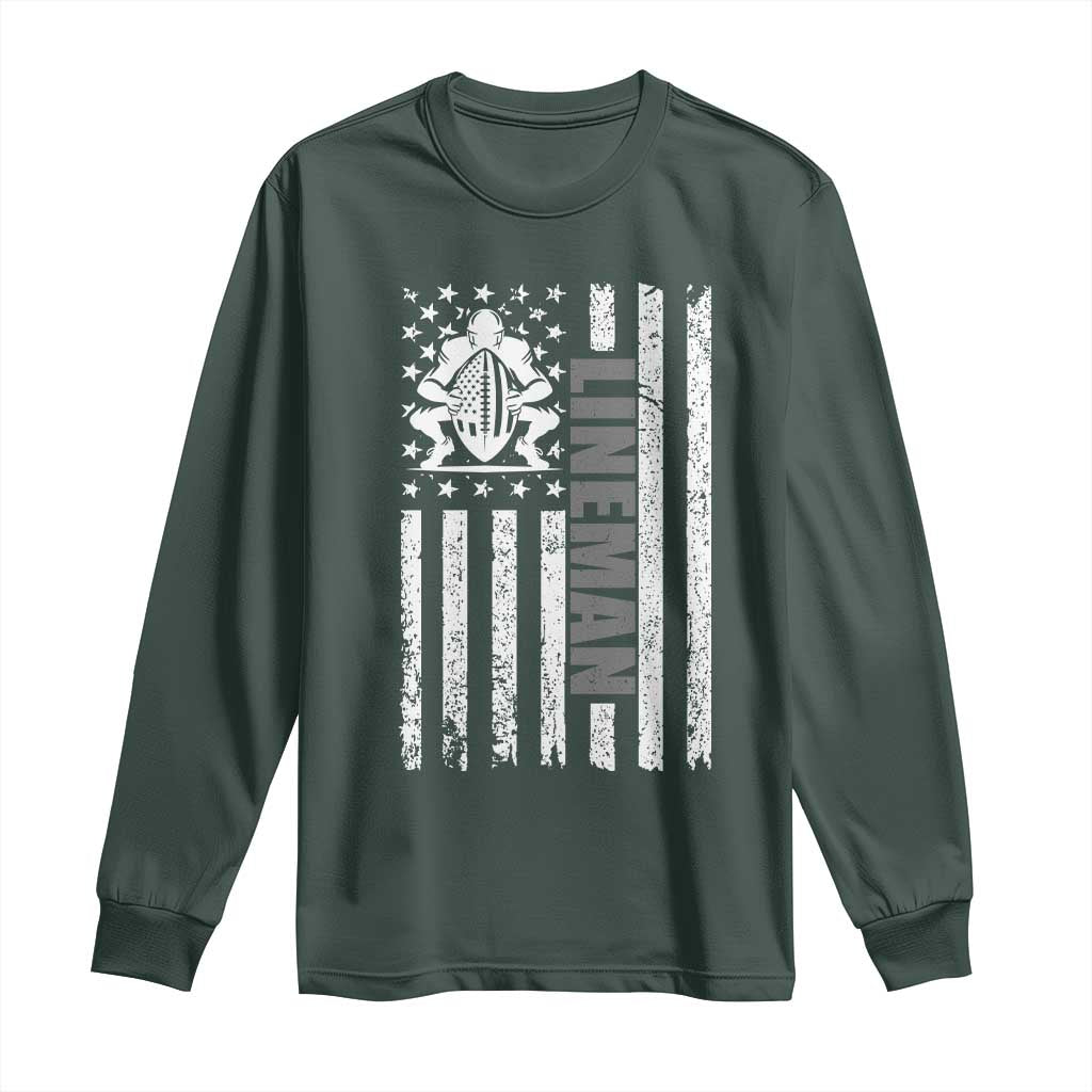 Proud Football Lineman Long Sleeve Shirt American Flag Sports Gift TS12 Dark Forest Green Print Your Wear