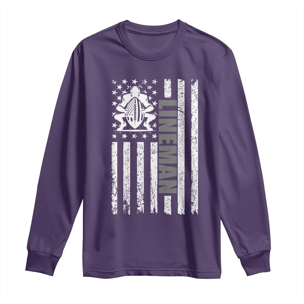 Proud Football Lineman Long Sleeve Shirt American Flag Sports Gift TS12 Purple Print Your Wear