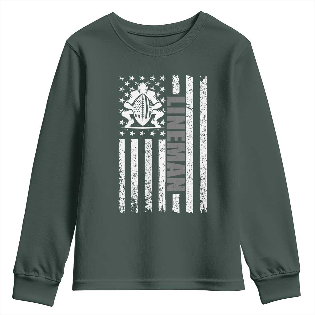 Proud Football Lineman Youth Sweatshirt American Flag Sports Gift TS12 Dark Forest Green Print Your Wear