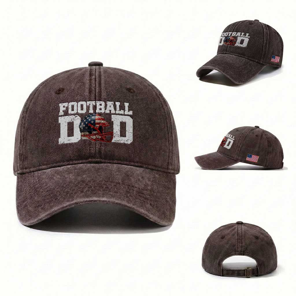 Proud Football Dad Washed Cotton Baseball Cap Funny Sports Fan Gift TS12 Washed Cap Universal Fit Dark Brown Print Your Wear