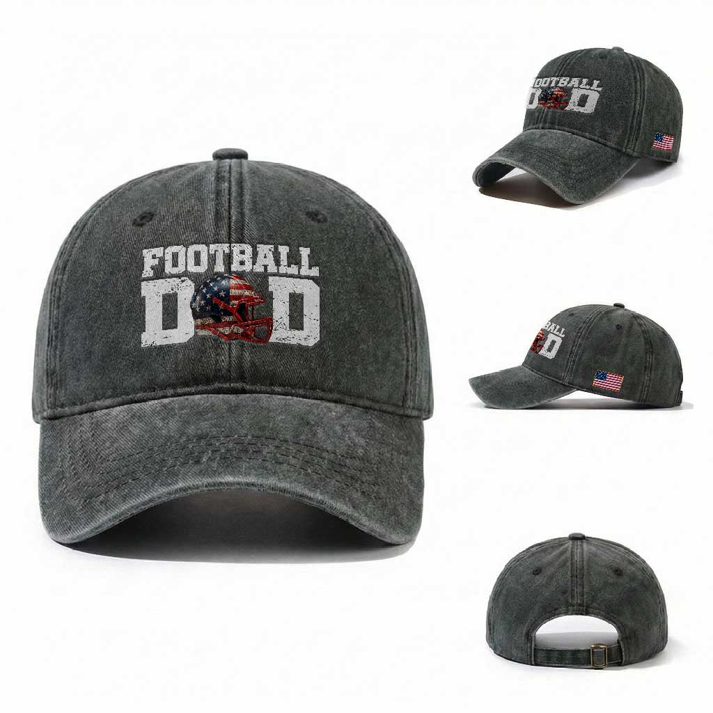 Proud Football Dad Washed Cotton Baseball Cap Funny Sports Fan Gift TS12 Washed Cap Universal Fit Dark Green Print Your Wear