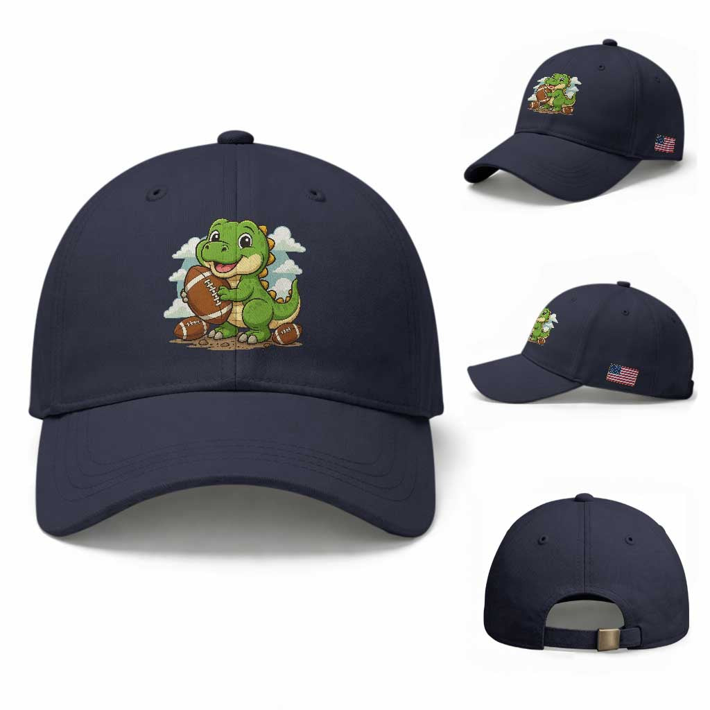 Cute Dinosaur Playing Football Baseball Cap Funny Kids Gift TS12 Baseball Cap Universal Fit Navy Print Your Wear