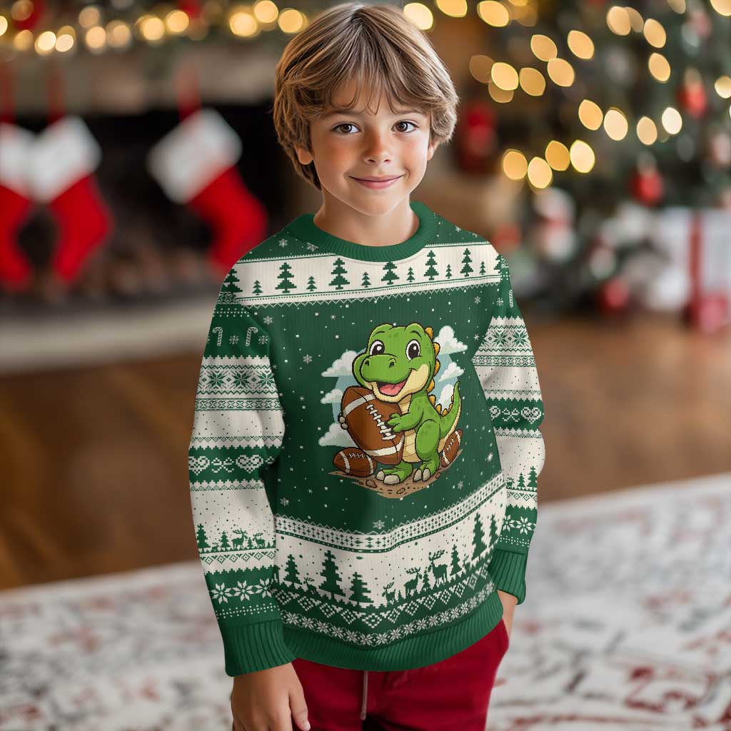 Cute Dinosaur Playing Football Ugly Christmas Sweater Funny Kids Gift TS12 Forest Green Beige Print Your Wear