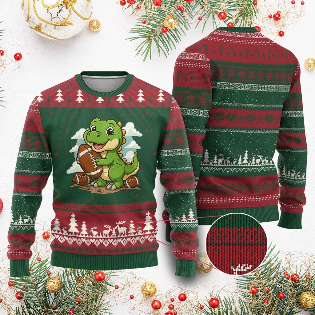 Cute Dinosaur Playing Football Ugly Christmas Sweater Funny Kids Gift TS12 Red Green Print Your Wear