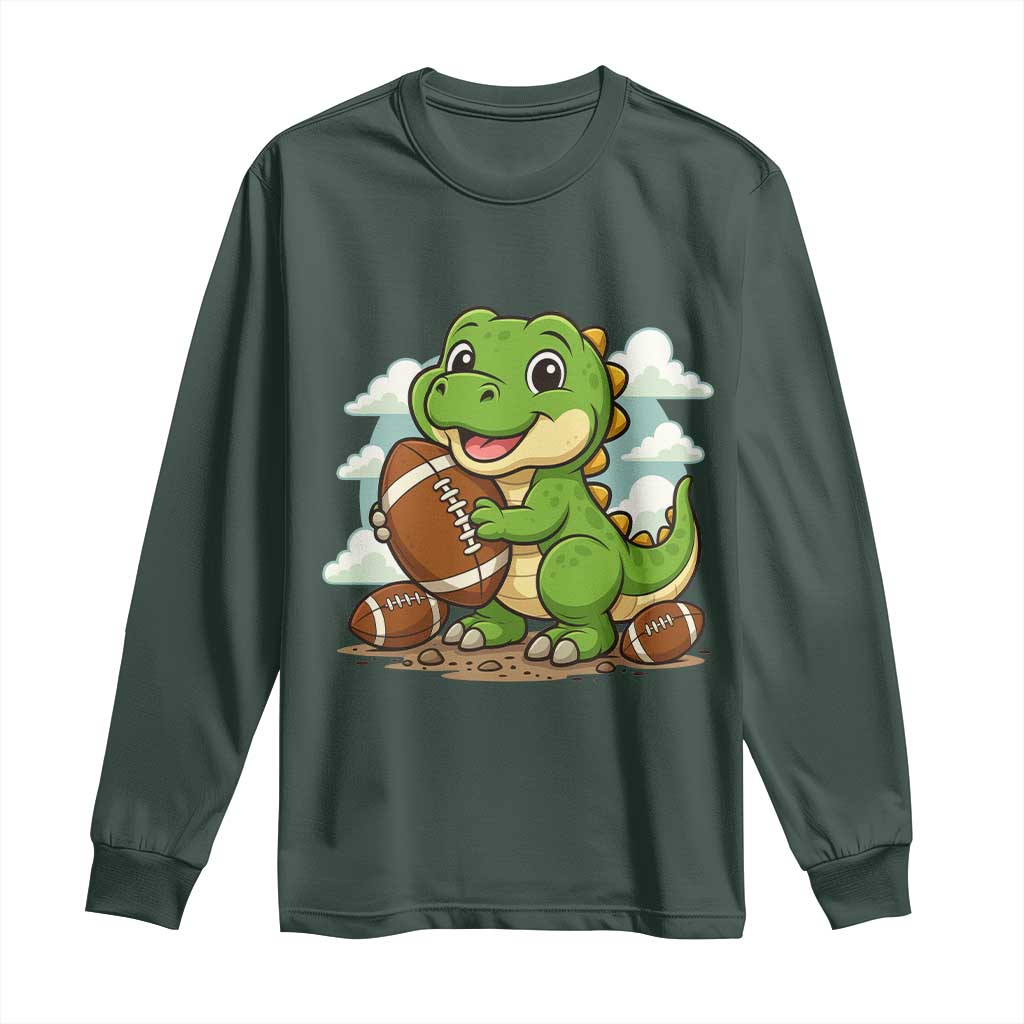 Cute Dinosaur Playing Football Long Sleeve Shirt Funny Kids Gift TS12 Dark Forest Green Print Your Wear