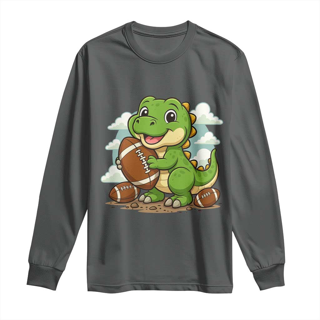 Cute Dinosaur Playing Football Long Sleeve Shirt Funny Kids Gift TS12 Dark Heather Print Your Wear