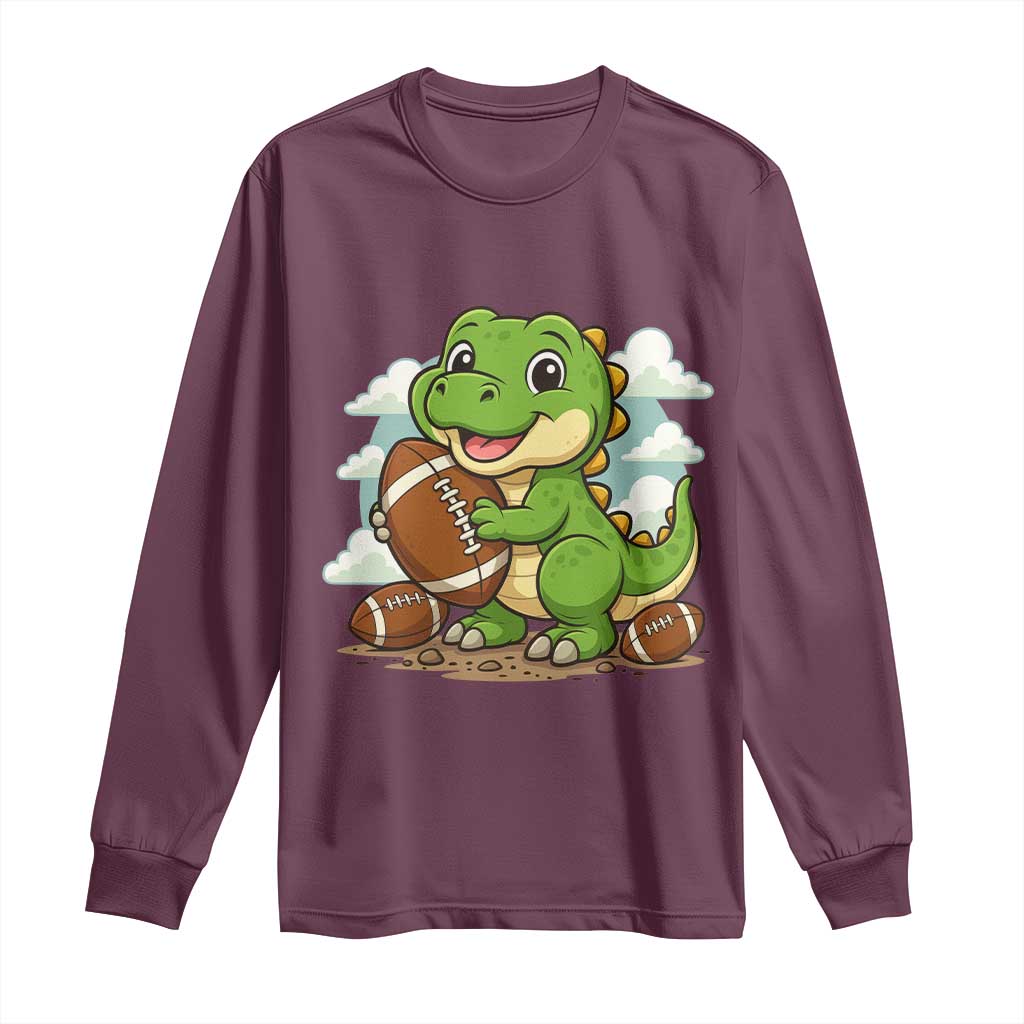 Cute Dinosaur Playing Football Long Sleeve Shirt Funny Kids Gift TS12 Maroon Print Your Wear