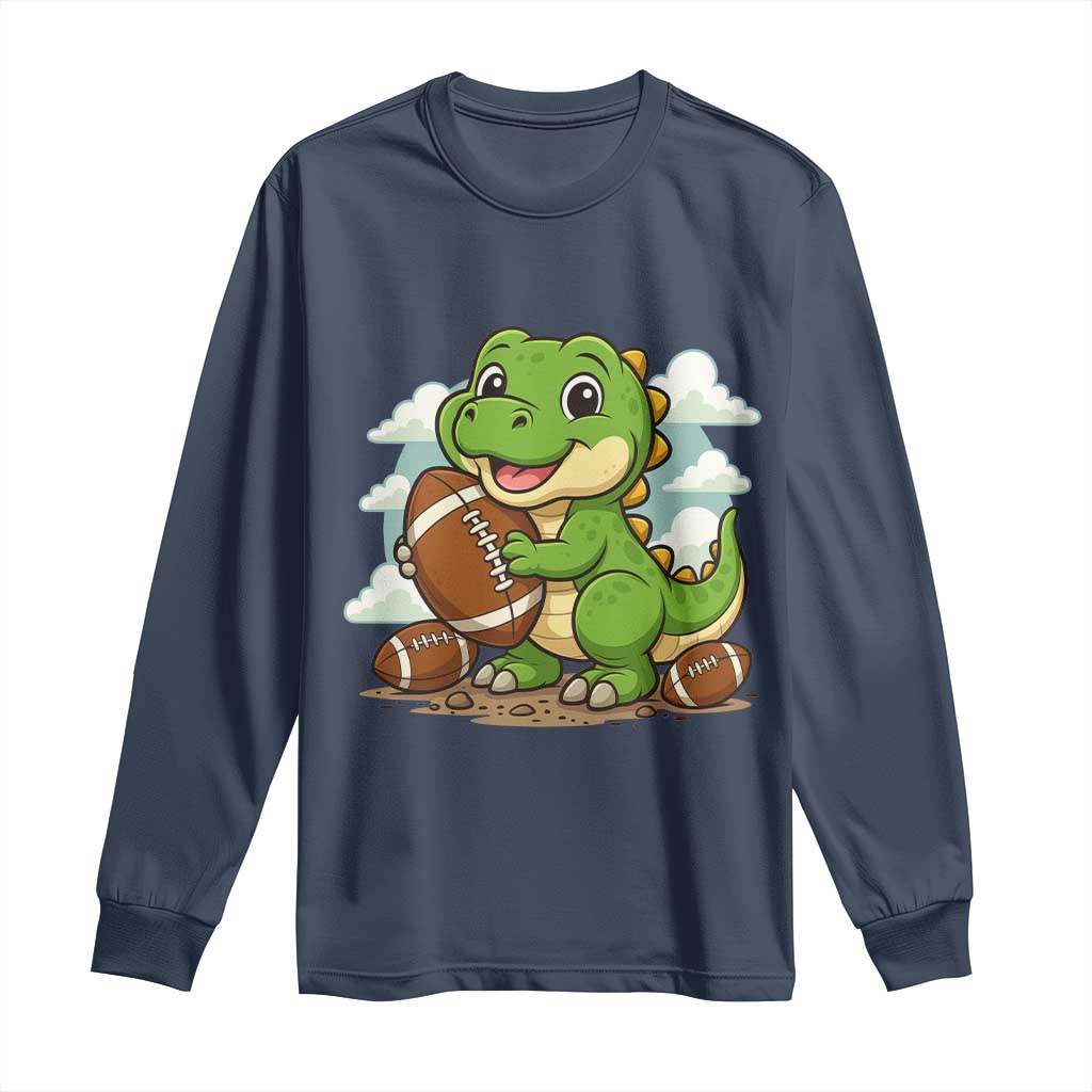 Cute Dinosaur Playing Football Long Sleeve Shirt Funny Kids Gift TS12 Navy Print Your Wear