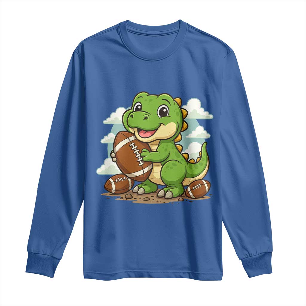 Cute Dinosaur Playing Football Long Sleeve Shirt Funny Kids Gift TS12 Royal Blue Print Your Wear