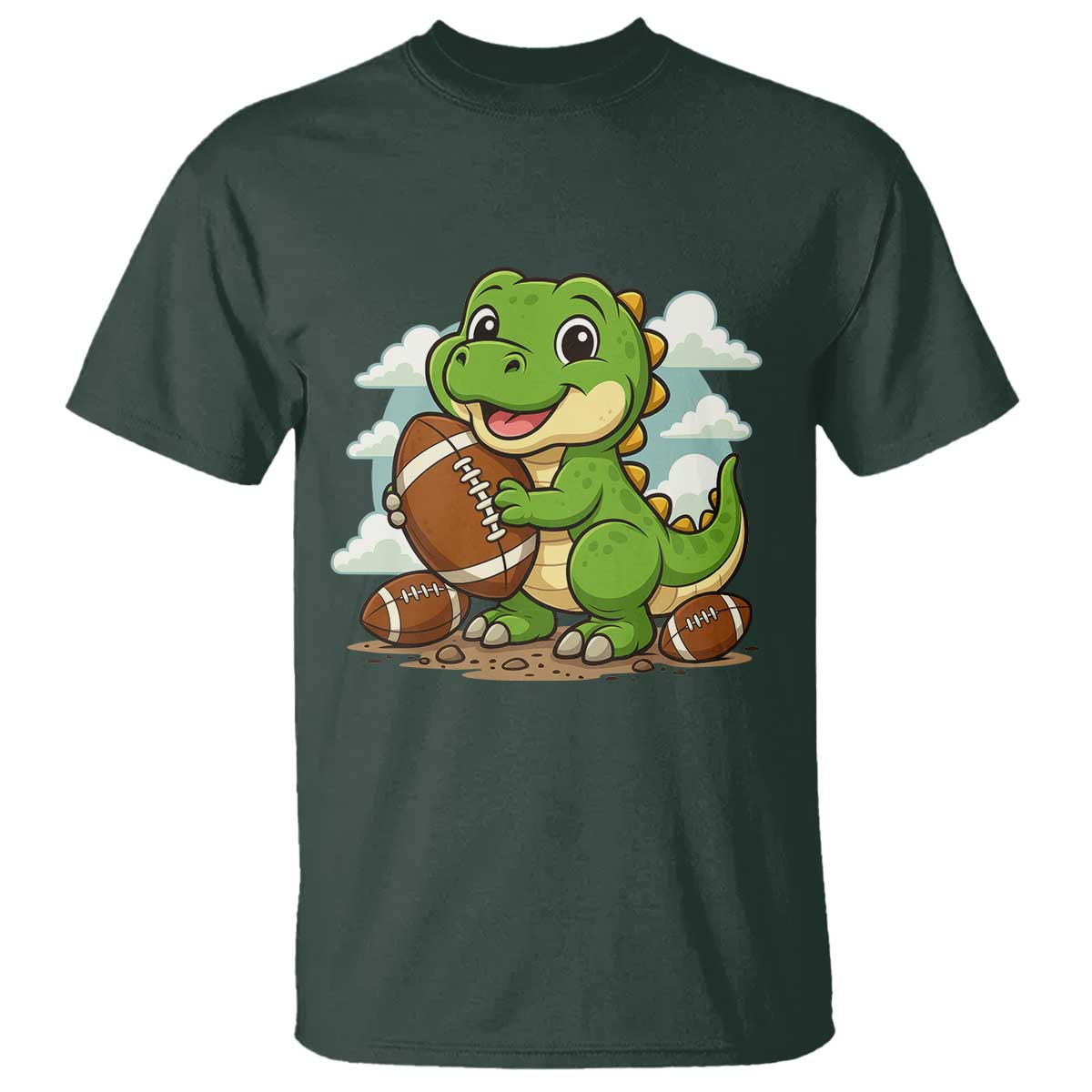 Cute Dinosaur Playing Football T Shirt Funny Kids Gift TS12 Dark Forest Green Print Your Wear