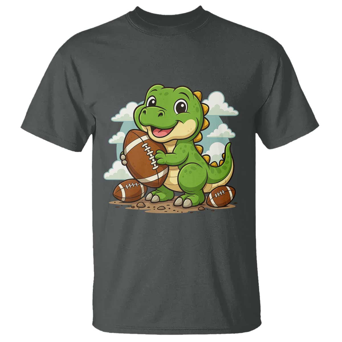 Cute Dinosaur Playing Football T Shirt Funny Kids Gift TS12 Dark Heather Print Your Wear