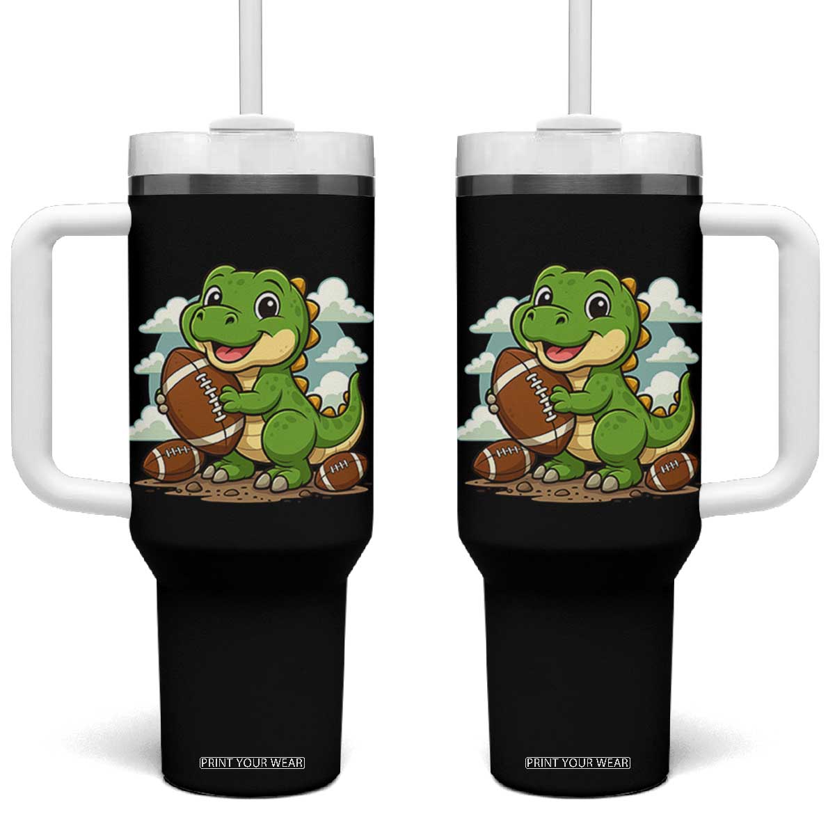 Cute Dinosaur Playing Football Tumbler With Handle Funny Kids Gift TS12 One Size: 40 oz Black Print Your Wear