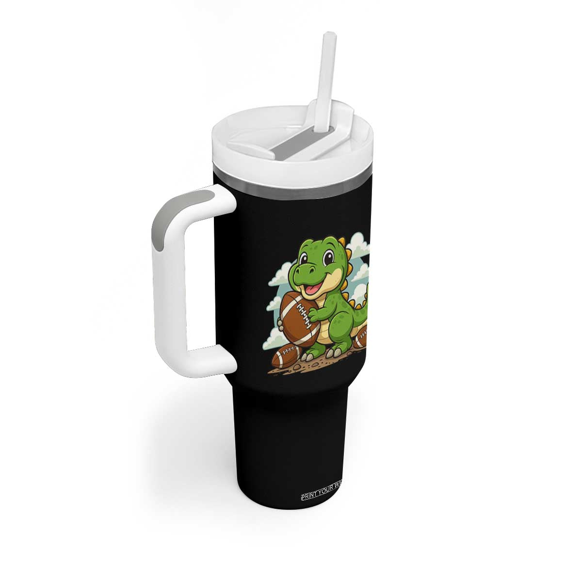 Cute Dinosaur Playing Football Tumbler With Handle Funny Kids Gift TS12 Print Your Wear
